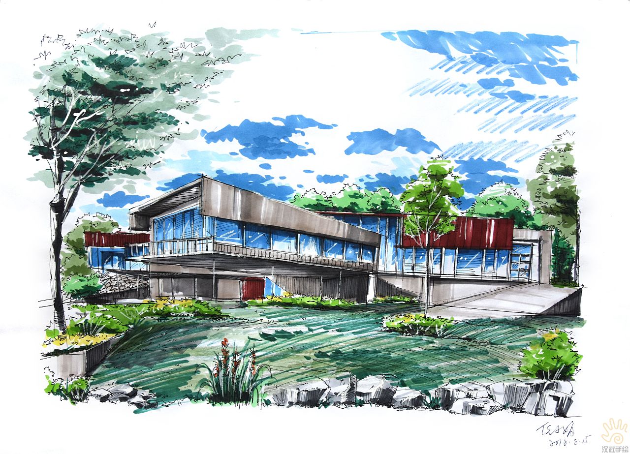 環(huán)境景觀建筑手繪效果圖線稿圖